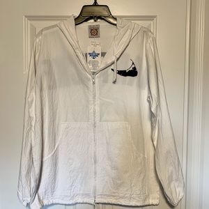 White, light jacket with Nantucket coordinates